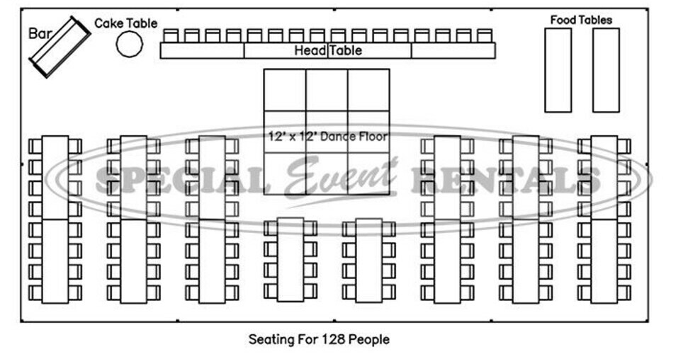 Seating layout for 128 people at 8′ banquet tables