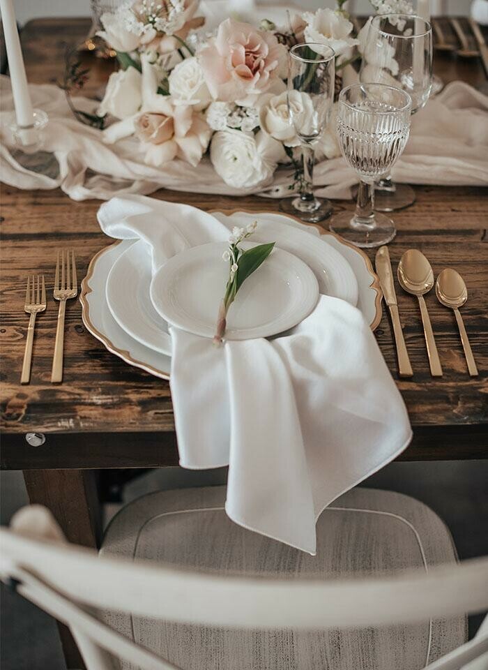 Special Event Rentals - Red Deer's Wedding Rentals featuring Tablewares in Gold and White Theme